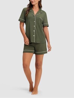 Cozy Earth Women's Bamboo Stretch-Knit Short Sleeve Olive Green Pajama Set